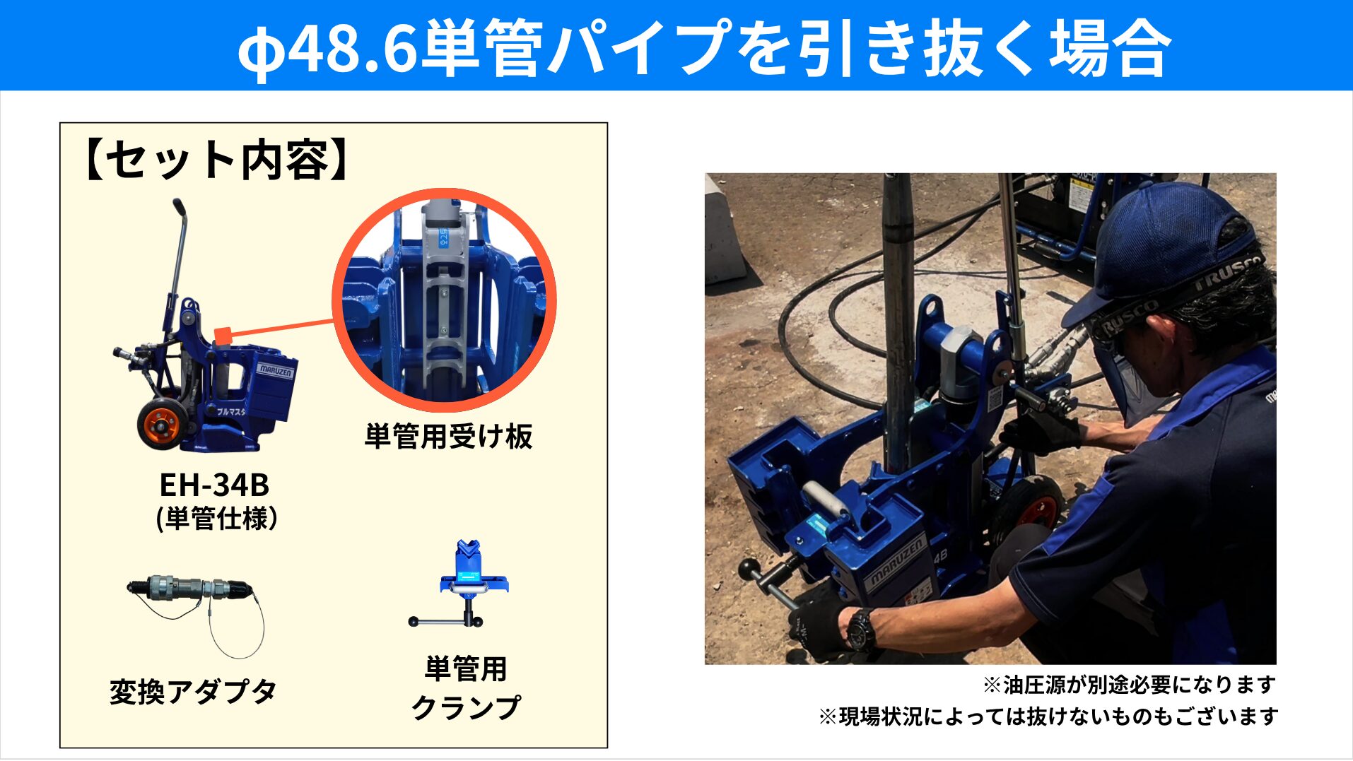 単管パイプを引き抜く場合のプルマスターEH-34Bと部品構成