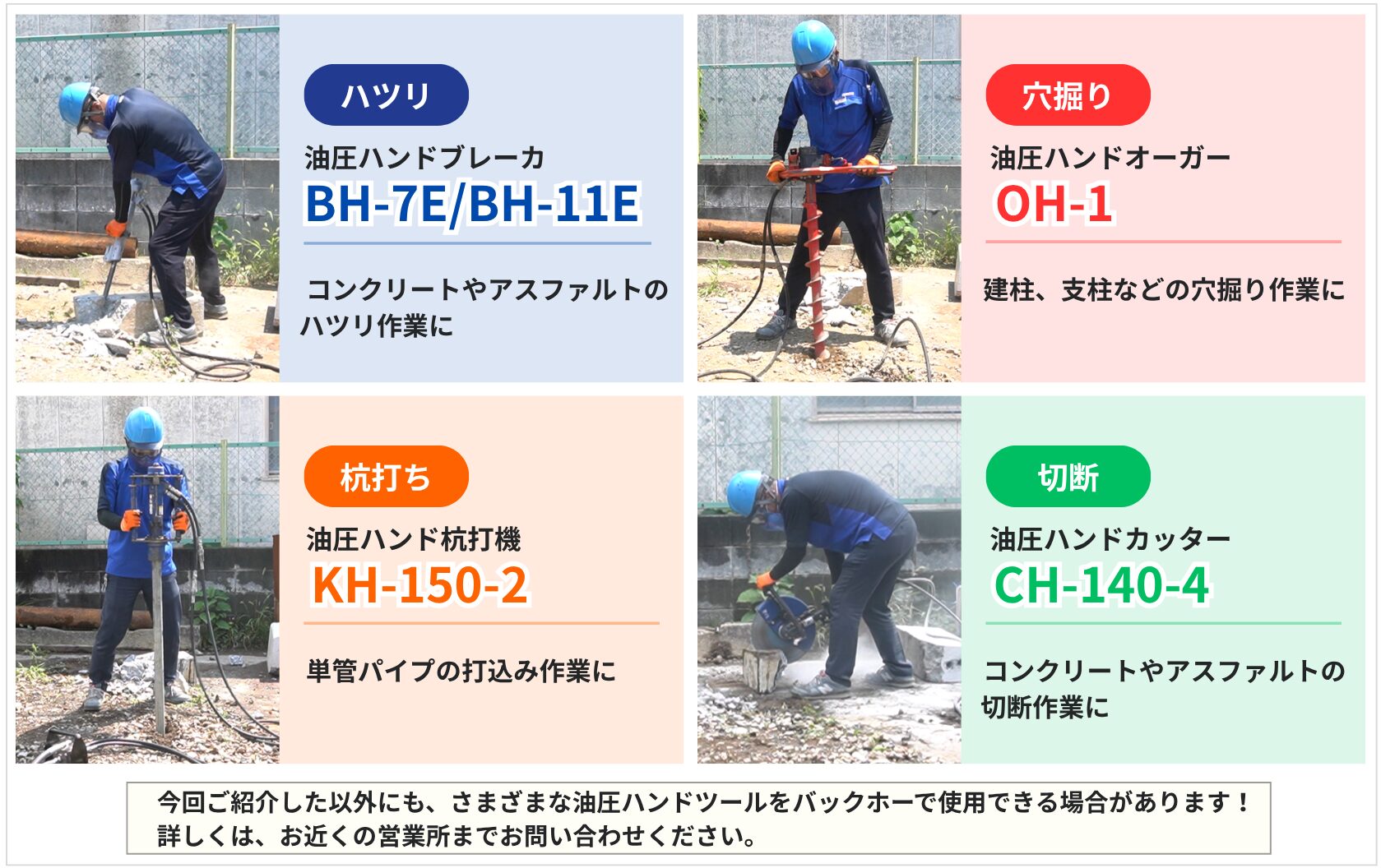 油圧ハンドツールによるハツリ・穴掘り・杭打ち・切断の作業例